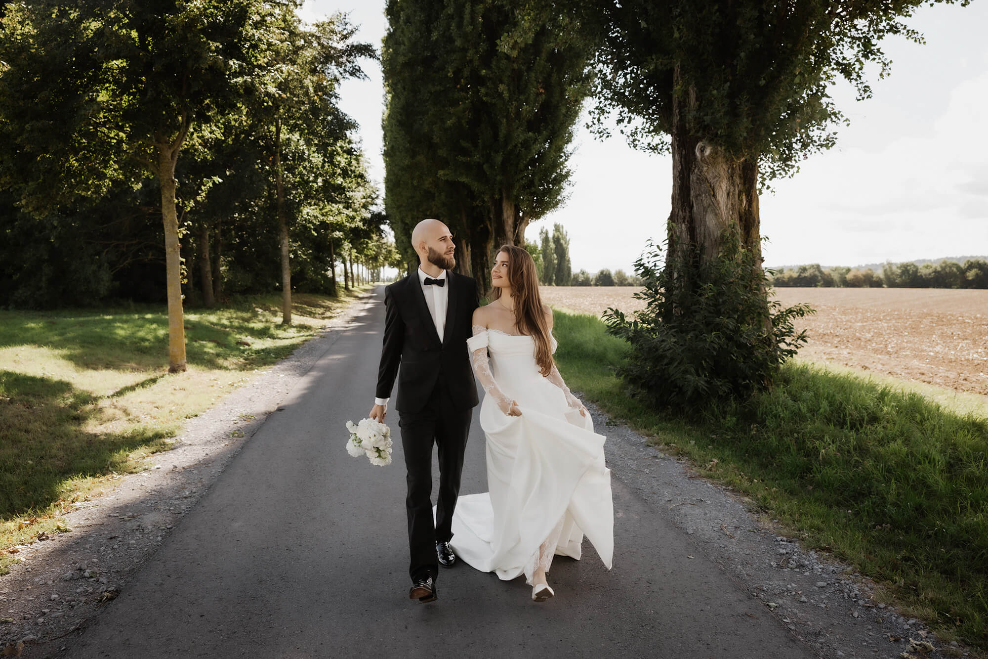 bridal couple walks in love